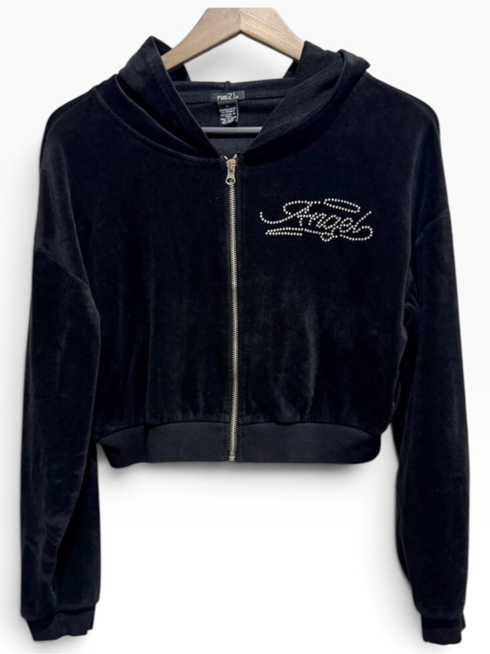 Y2K Black Velour Rhinestone Angel Cropped Zip Hoodie M
